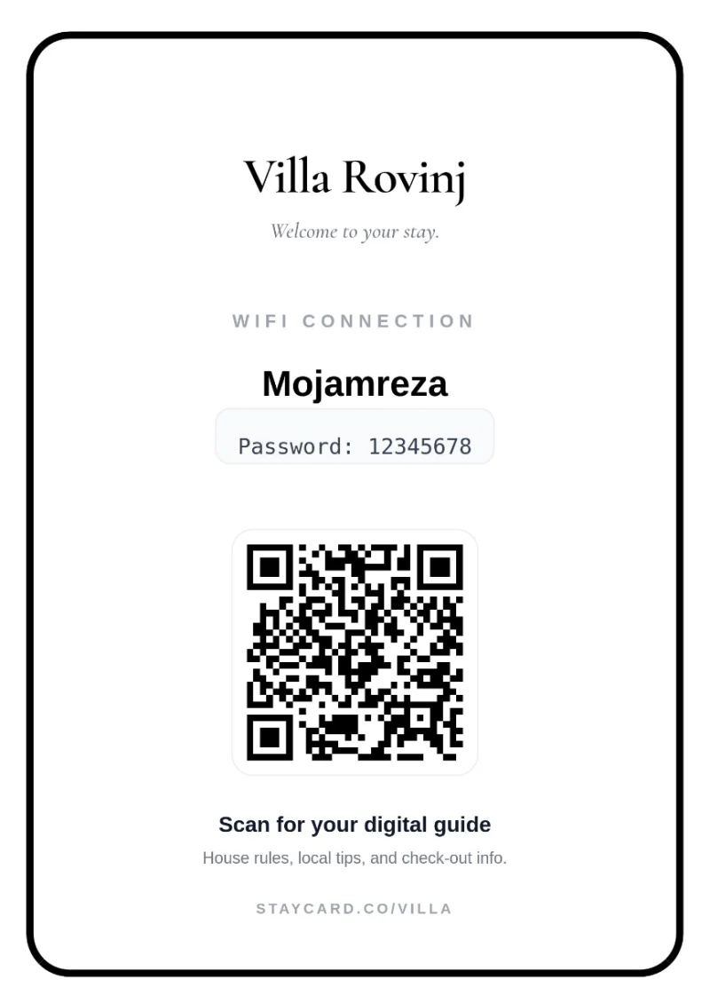 Staycard kartica dobrodošlice za ispis s WiFi podacima i QR kodom