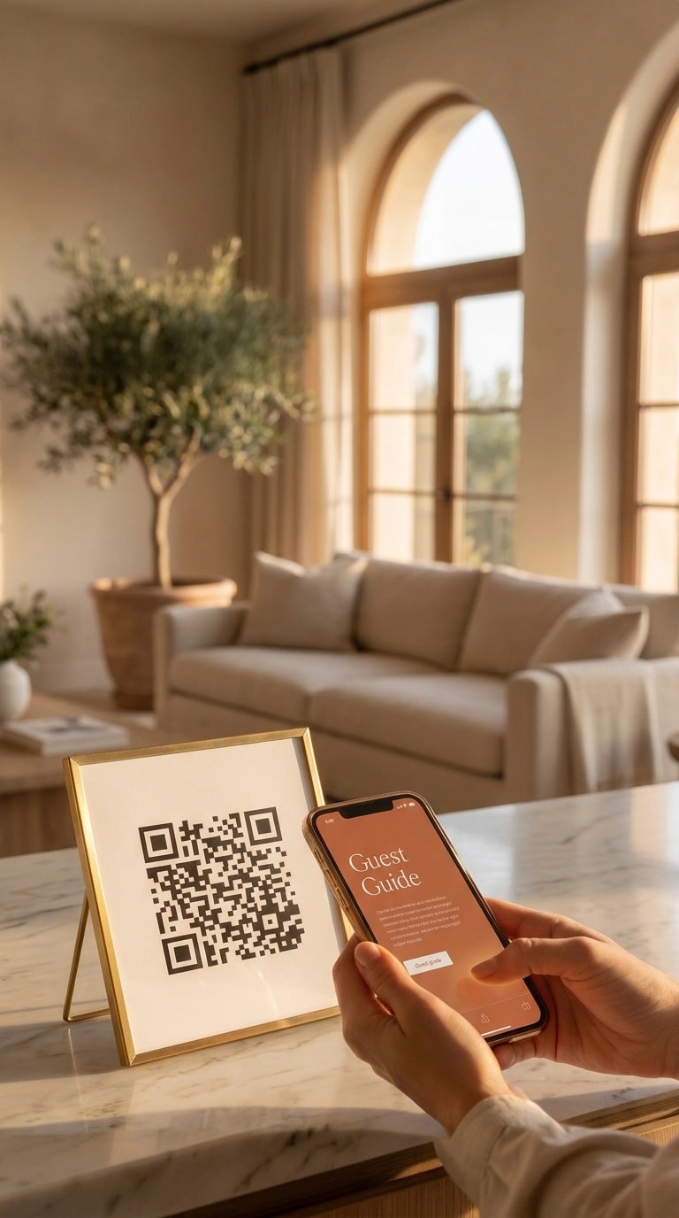 Gost skenira Staycard QR kod u svijetlom dnevnom boravku apartmana